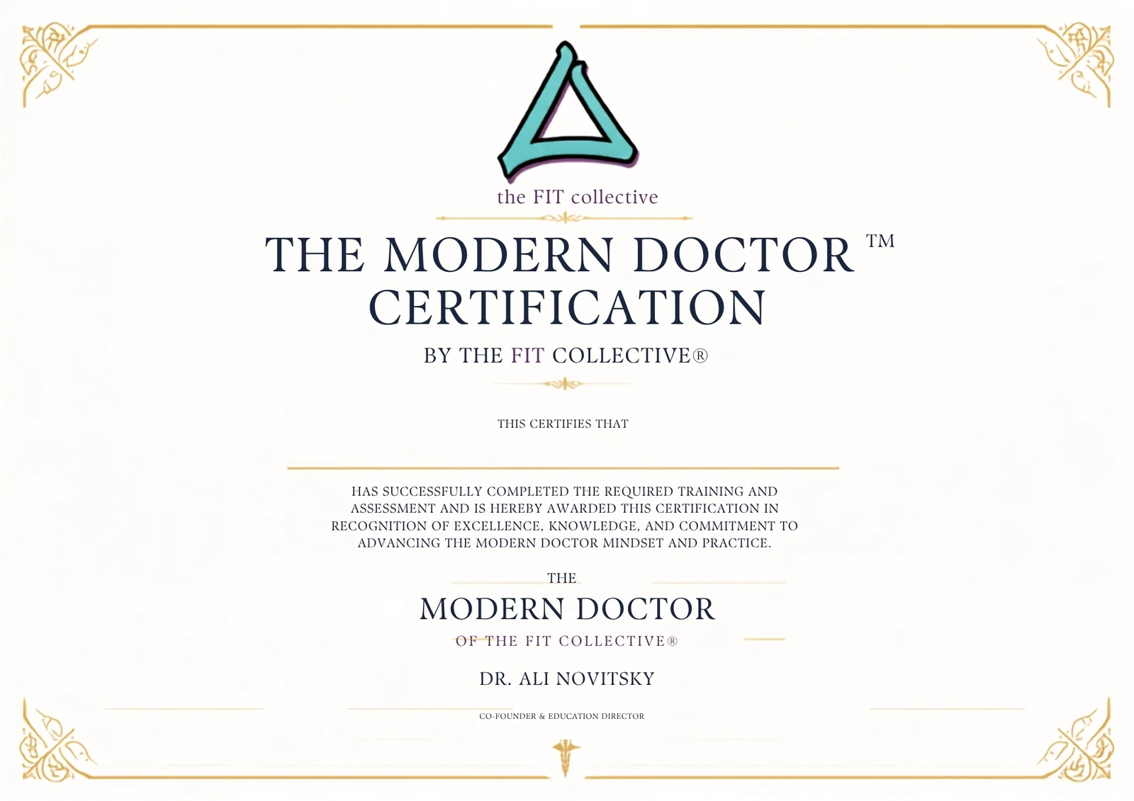 Sample Modern Doctor™ Certification certificate from The FIT Collective