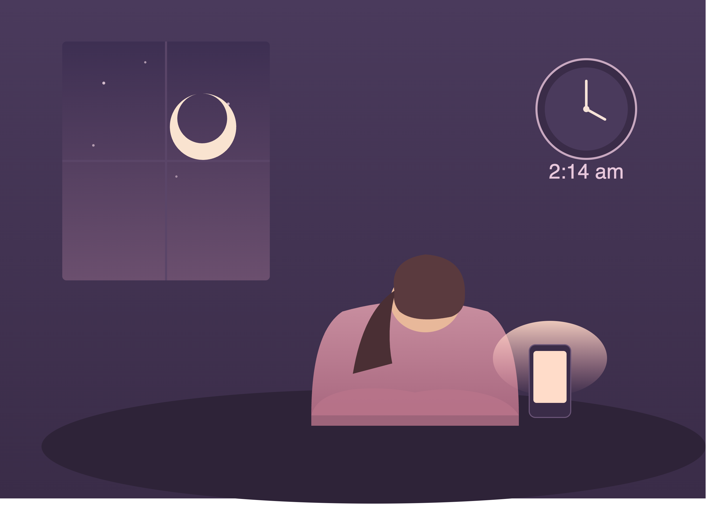 Illustration of a woman awake at 2:14 a.m. looking at her phone.